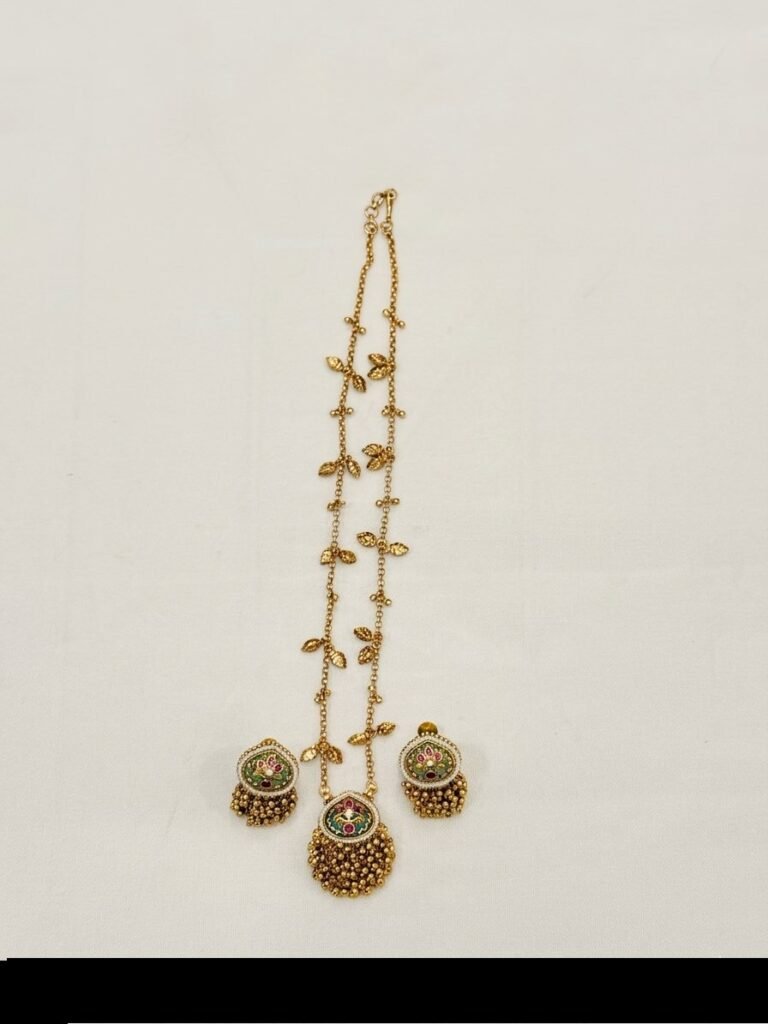 Traditional Gold-Toned Long Chain Necklace Set with Green Stone Pendants