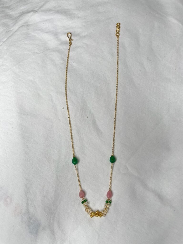 Colorful Beaded Necklace and Earrings Set - Gold Tone with Green and Pink Beads