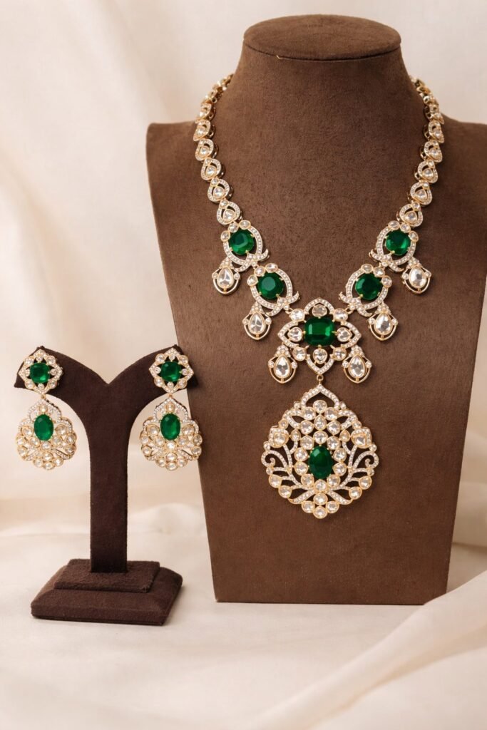 Elegant Green Stone Kundan Necklace Set with Matching Earrings