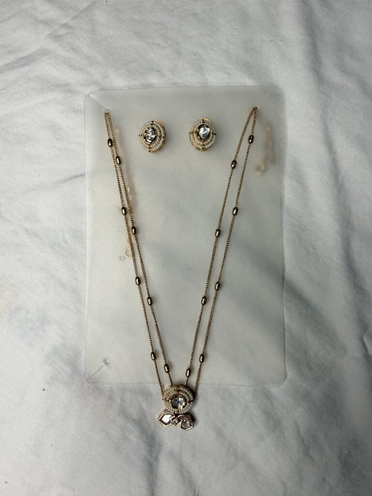 Golden Beaded Chain Necklace with Crystal Pendant and Matching Earrings Set