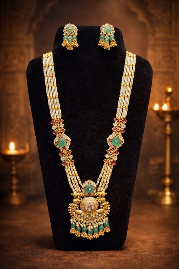 Traditional Pearl and Green Stone Necklace Set with Matching Earrings