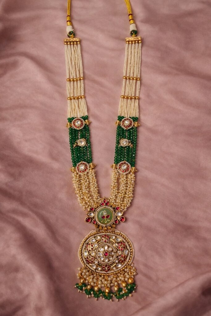 Traditional Multi-Strand Pearl and Emerald Beaded Long Necklace with Kundan Pendant