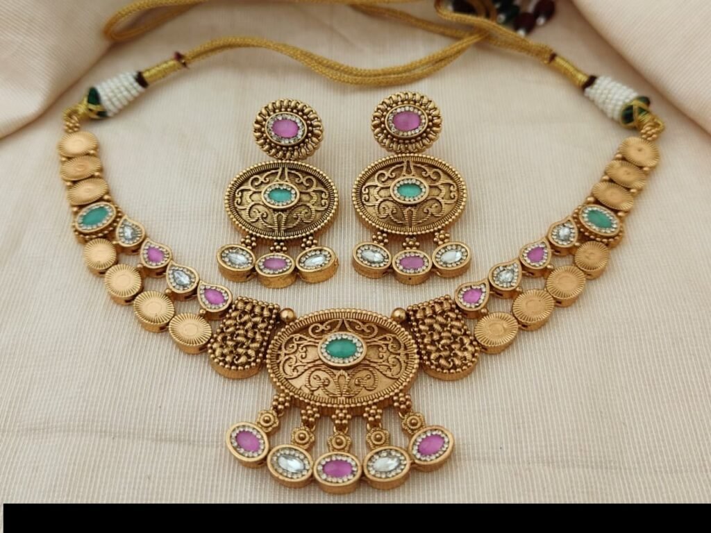Traditional Gold-Toned Necklace and Earrings Set with Pink and Green Stones