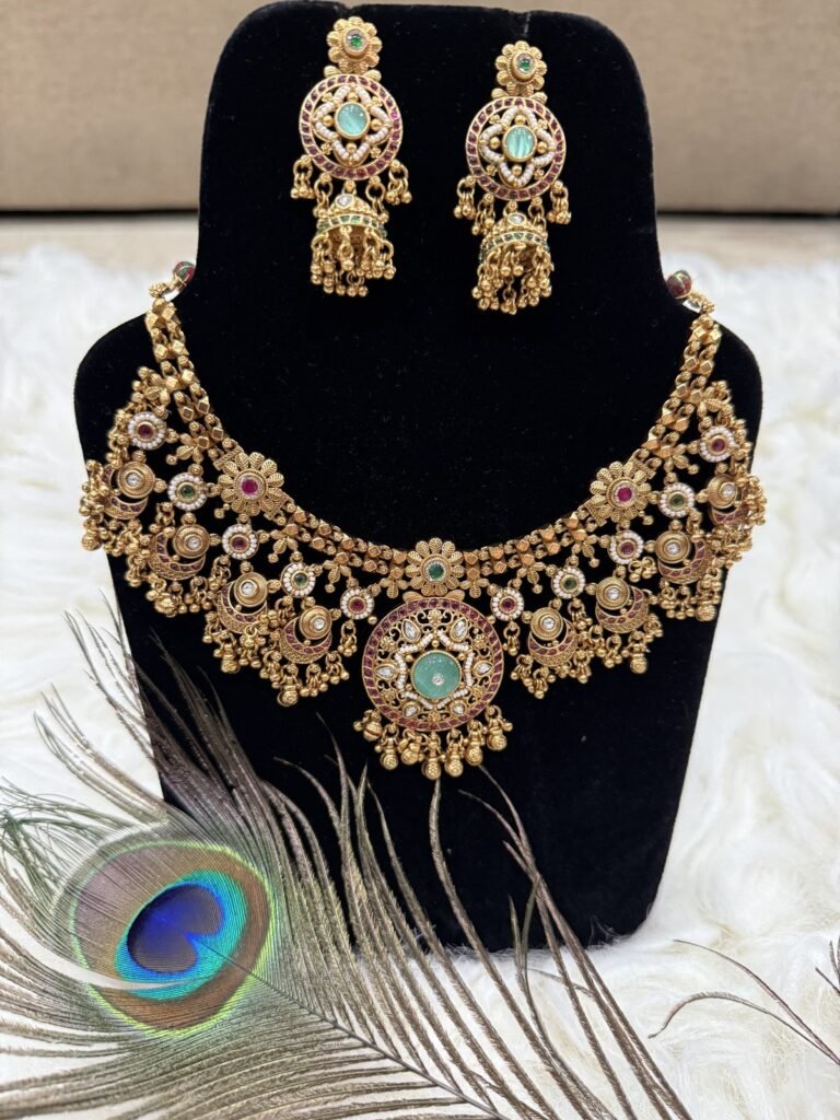 Traditional Antique Gold Plated Kundan Necklace Set with Turquoise Stones