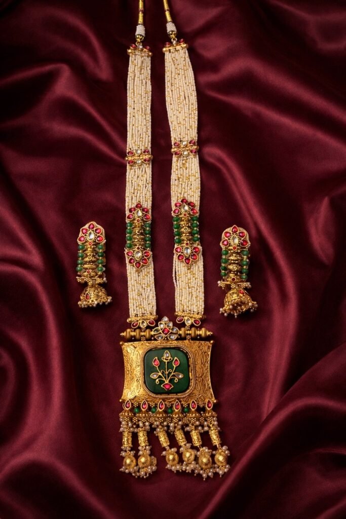 Traditional Golden Pearl Necklace Set with Kundan Work and Matching Jhumka Earrings