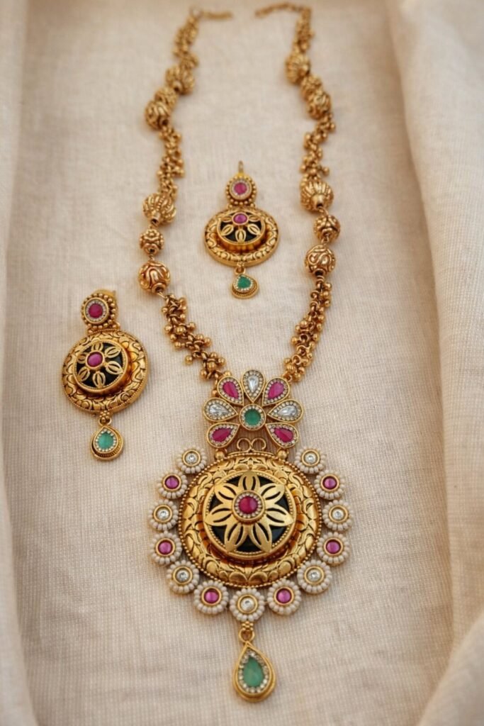 Traditional Gold-Plated Temple Jewelry Necklace Set with Multicolor Stones