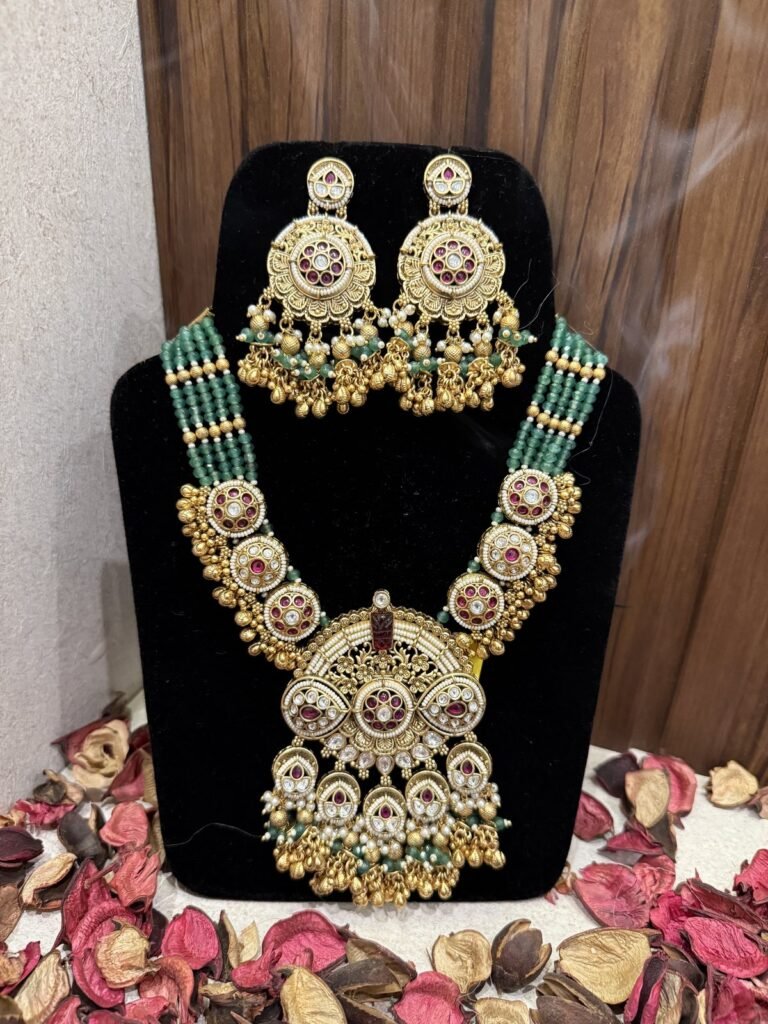 Traditional Gold-Toned Kundan Necklace Set with Green Beads and Matching Earrings