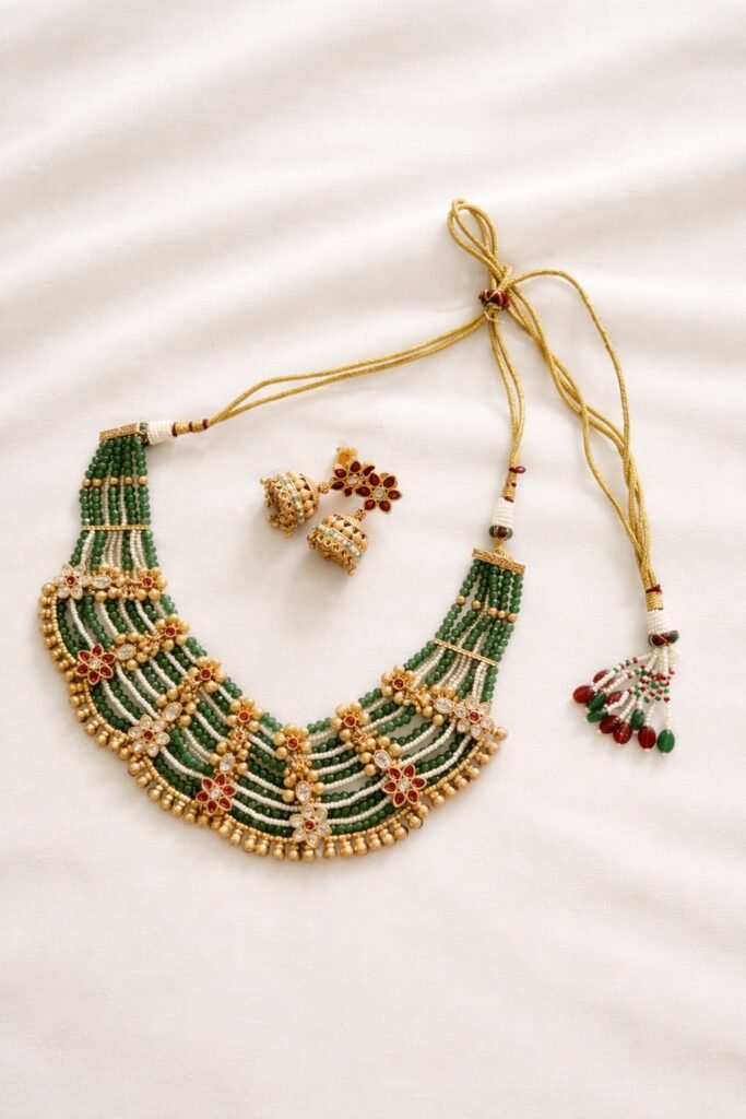 Green and Gold Beaded Traditional Necklace Set with Matching Earrings