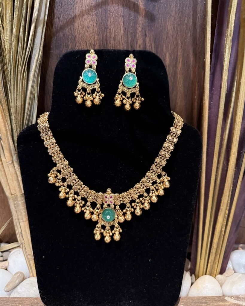 Turquoise Stone Antique Gold Necklace Set with Matching Earrings