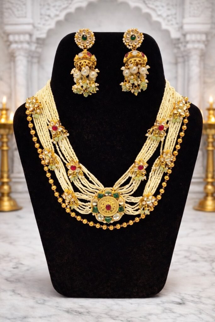 Traditional Gold-Toned Kundan and Pearl Necklace Set with Jhumka Earrings