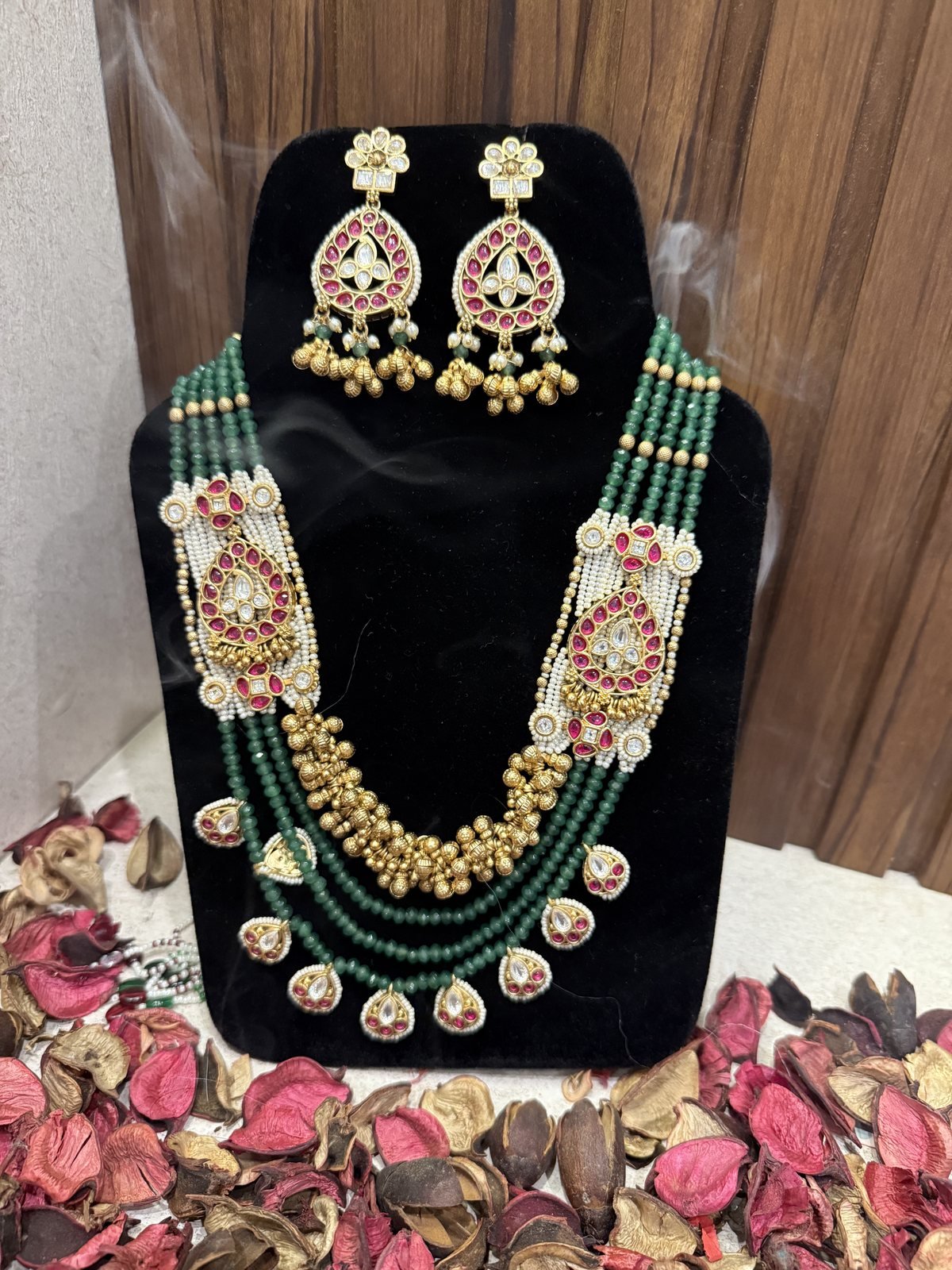 Traditional Emerald Green Beaded Necklace Set with Kundan Pendant Earrings
