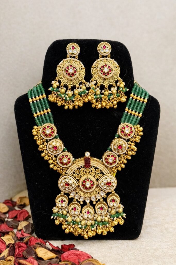 Traditional South Indian Temple Jewellery Necklace and Earrings Set with Green Beaded Strap