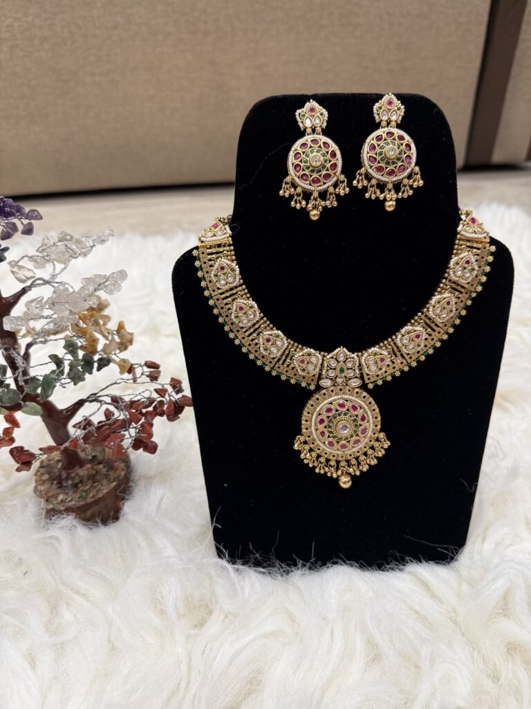 Traditional Gold-Toned Necklace Set with Red & Green Stones