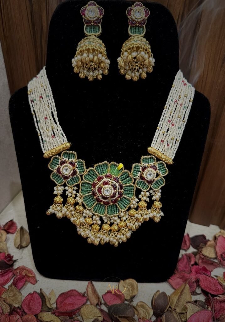 Traditional Meenakari Flower Necklace Set with Jhumka Earrings - Green and Red
