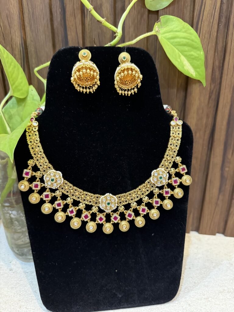 Traditional Gold-Toned Necklace Set with Multicolor Stones and Matching Earrings