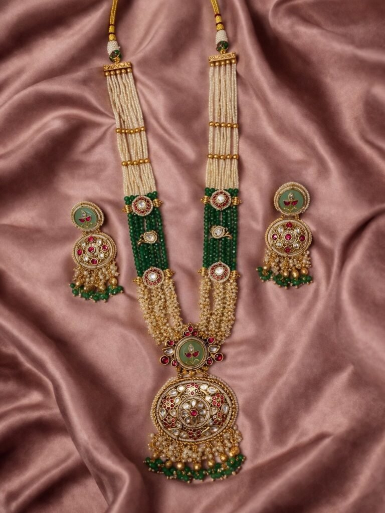 Traditional Pearl and Green Bead Long Necklace Set with Matching Earrings