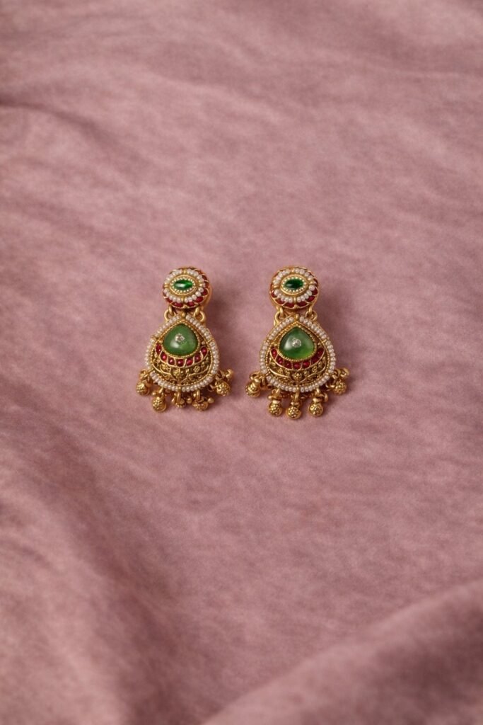 Traditional Gold-Plated Kundan Necklace and Earring Set with Green and Red Stones