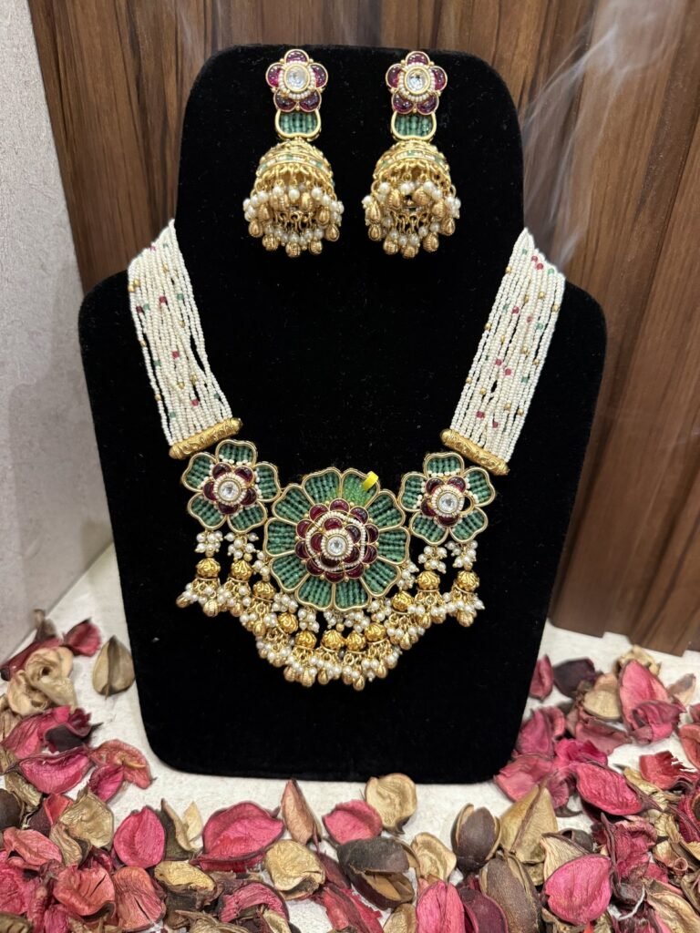 Traditional Gold-Plated Floral Necklace Set with Kundan and Pearl Jhumkas