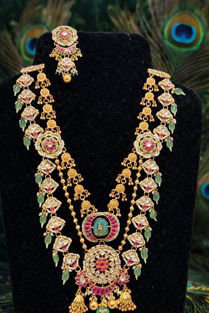 Traditional Gold-Toned Kundan Necklace Set with Green and Pink Stones