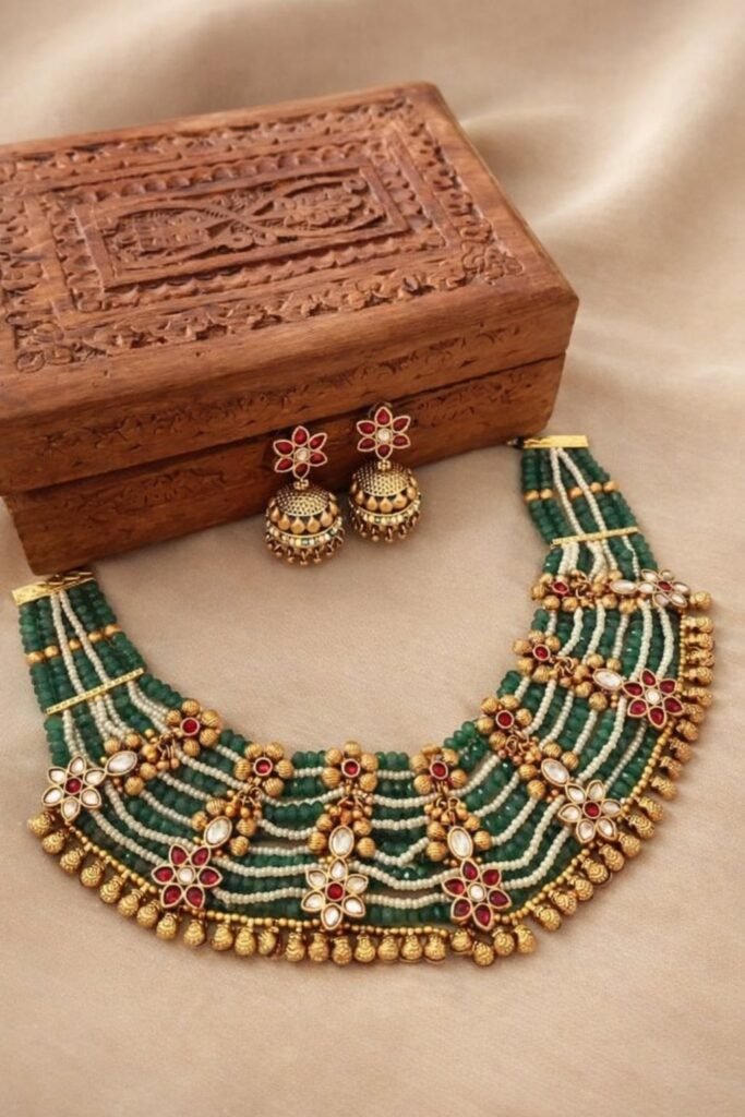 Traditional Green Beaded Choker Necklace Set with Floral Kundan Work and Jhumka Earrings