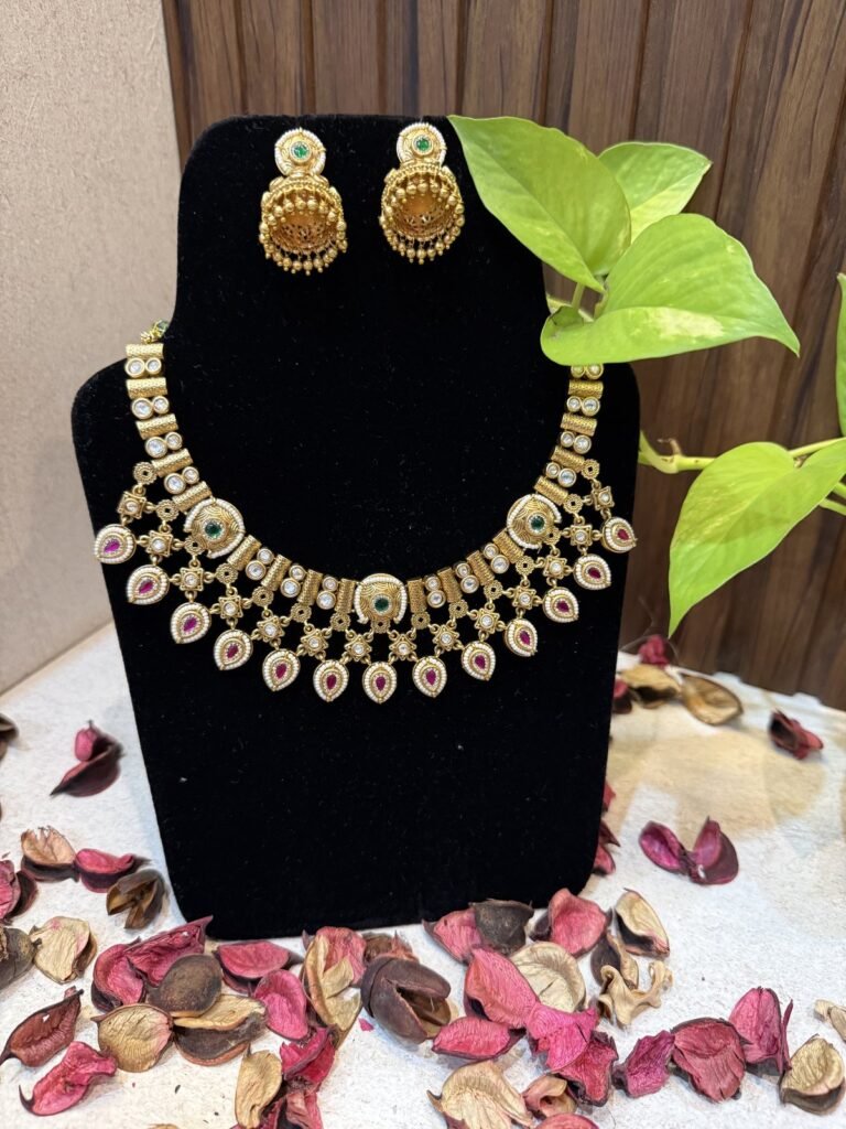 Traditional Gold-Toned Kundan Necklace Set with Earrings