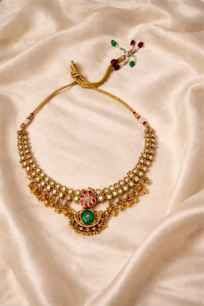 Traditional Gold-Toned Kundan Necklace Set with Green Stone Accents