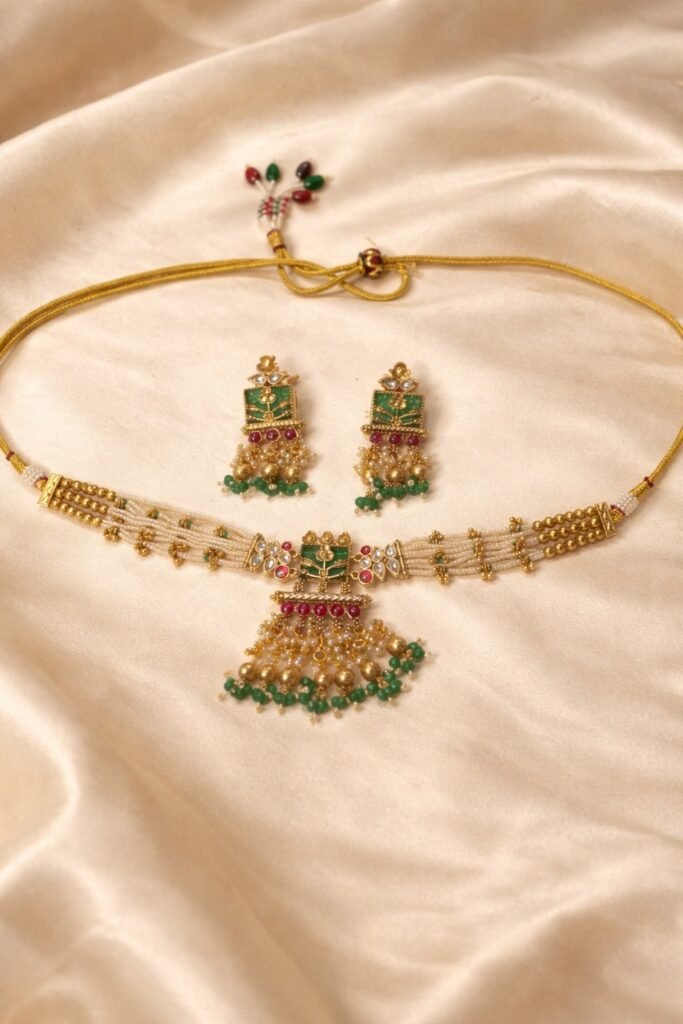 Traditional Gold-Toned Kundan Necklace Set with Green and Red Stone Embellishments