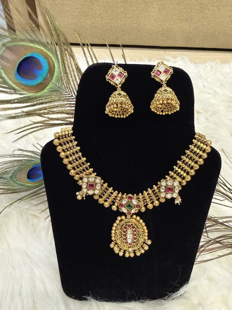 Traditional Gold-Plated Temple Necklace Set with Jhumka Earrings