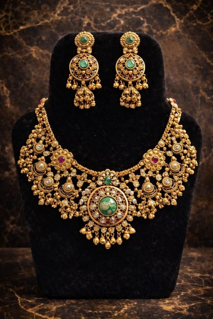 Traditional Gold-Plated Kundan Necklace Set with Emerald and Ruby Accents