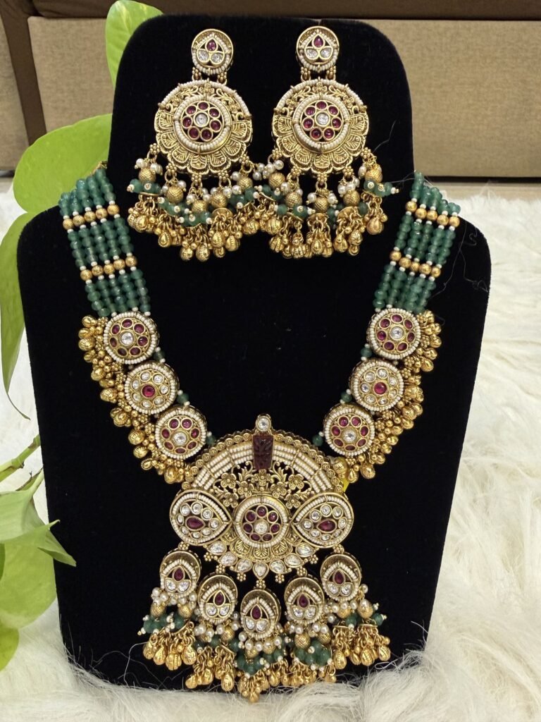 Traditional Gold-Toned Kundan Necklace Set with Green Beads