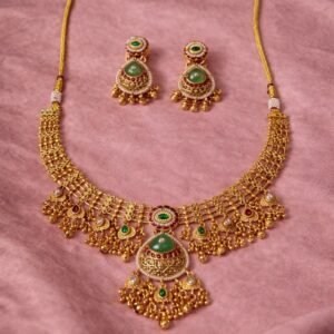 Traditional Gold-Toned Green Stone Necklace Set with Earrings