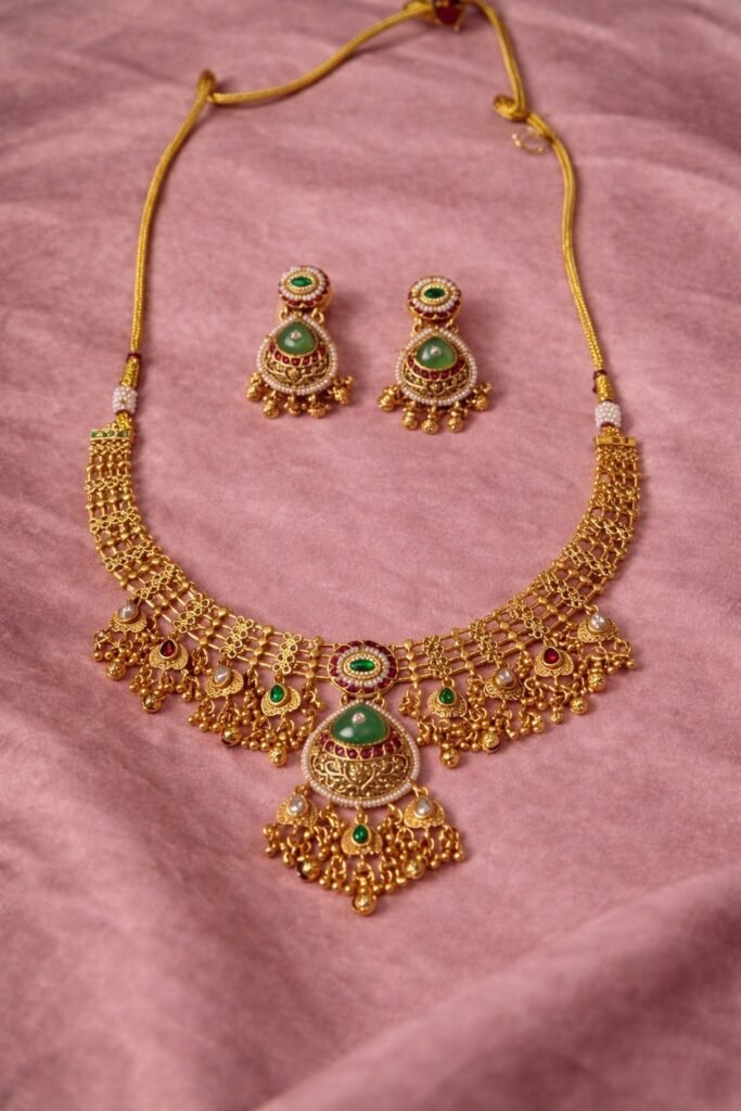 Traditional Gold-Toned Green Stone Necklace Set with Earrings