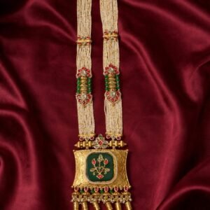 Traditional Gold-Plated Pearl Necklace with Green Enamel Pendant