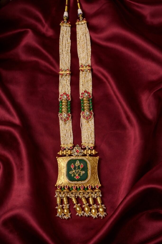 Traditional Gold-Plated Pearl Necklace with Green Enamel Pendant
