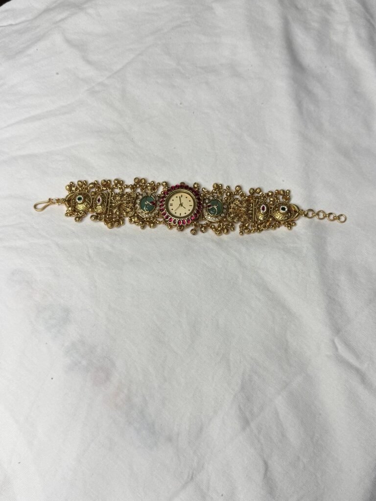 Traditional Golden Antique Finish Bracelet Watch with Gemstone Accents