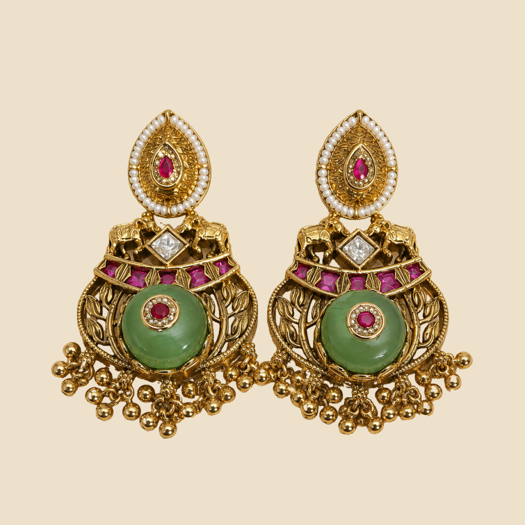 Antique Gold Mint Green Elephant Chandbali Earrings