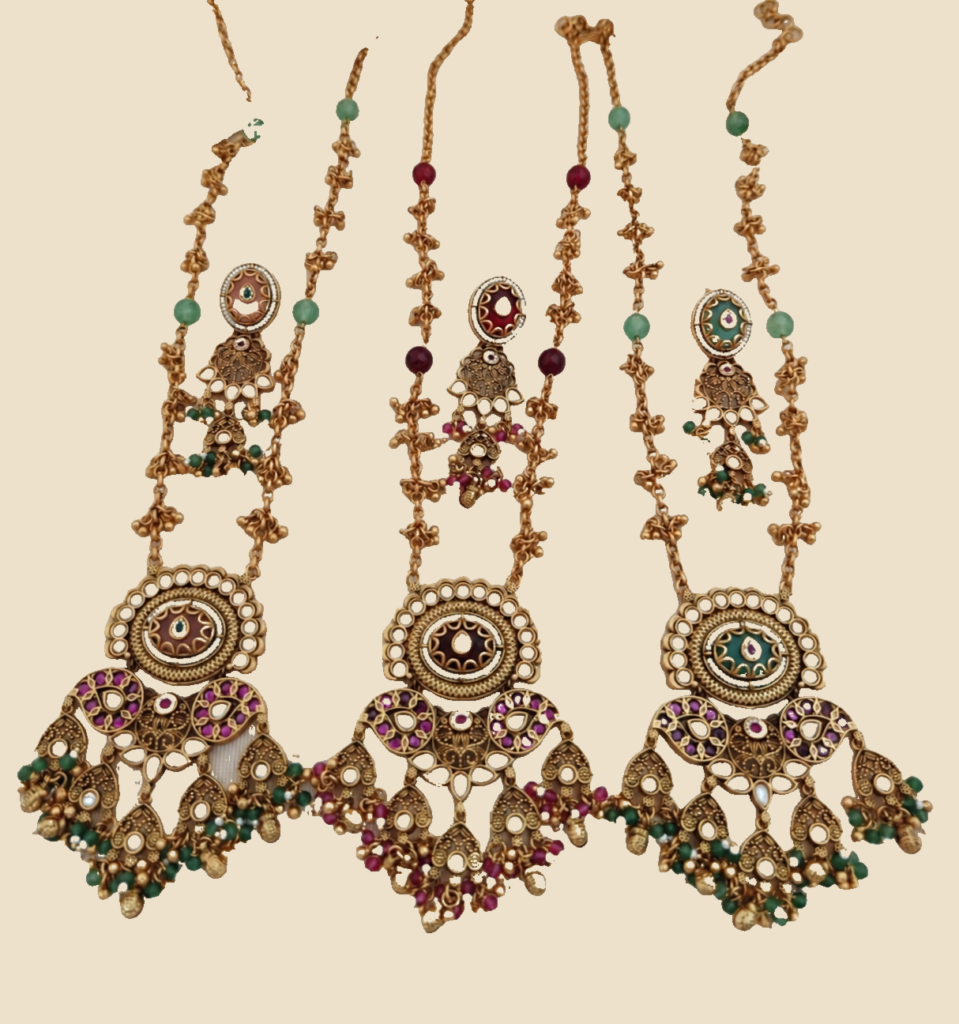 Traditional Gold-Plated Maang Tikka with Colored Stones and Pearl Drops