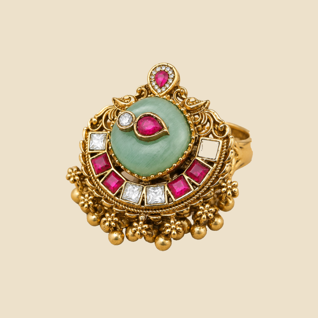 Antique Gold Mint Ruby Crescent Statement Ring