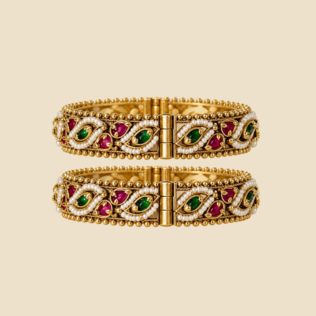Traditional Gold-Plated Kundan Bangles with Multicolor Gemstones - Set of 2