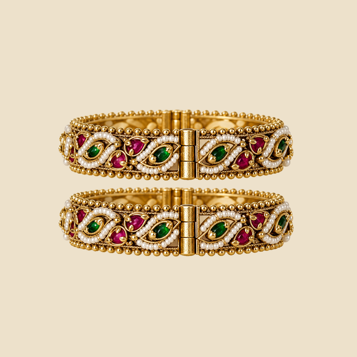 Traditional Gold-Plated Kundan Bangles with Multicolor Gemstones - Set of 2