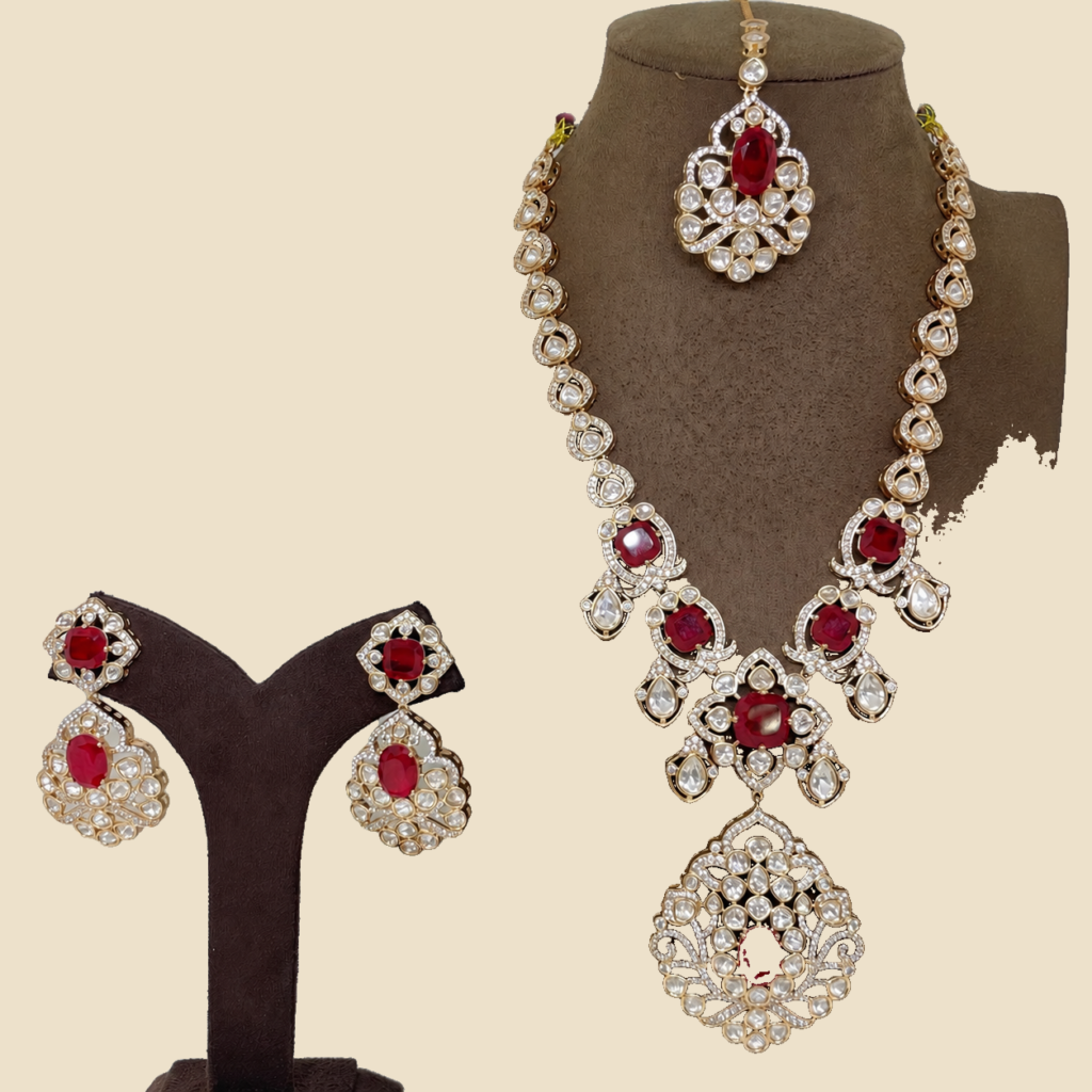 Luxurious Ruby and Diamond Bridal Jewelry Set with Maang Tikka