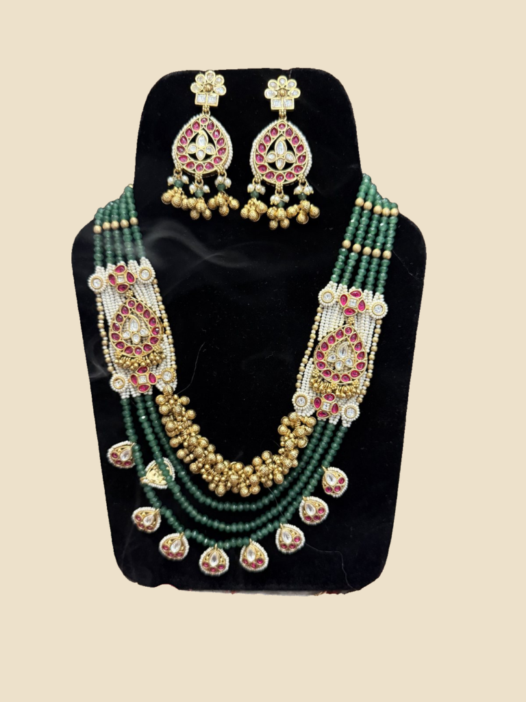 Traditional Emerald Green Beaded Necklace Set with Kundan Pendant Earrings