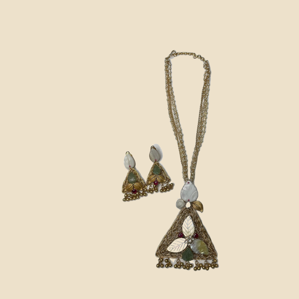 Golden Triangle Pendant Necklace Set with Matching Earrings - Ethnic Jewelry Set