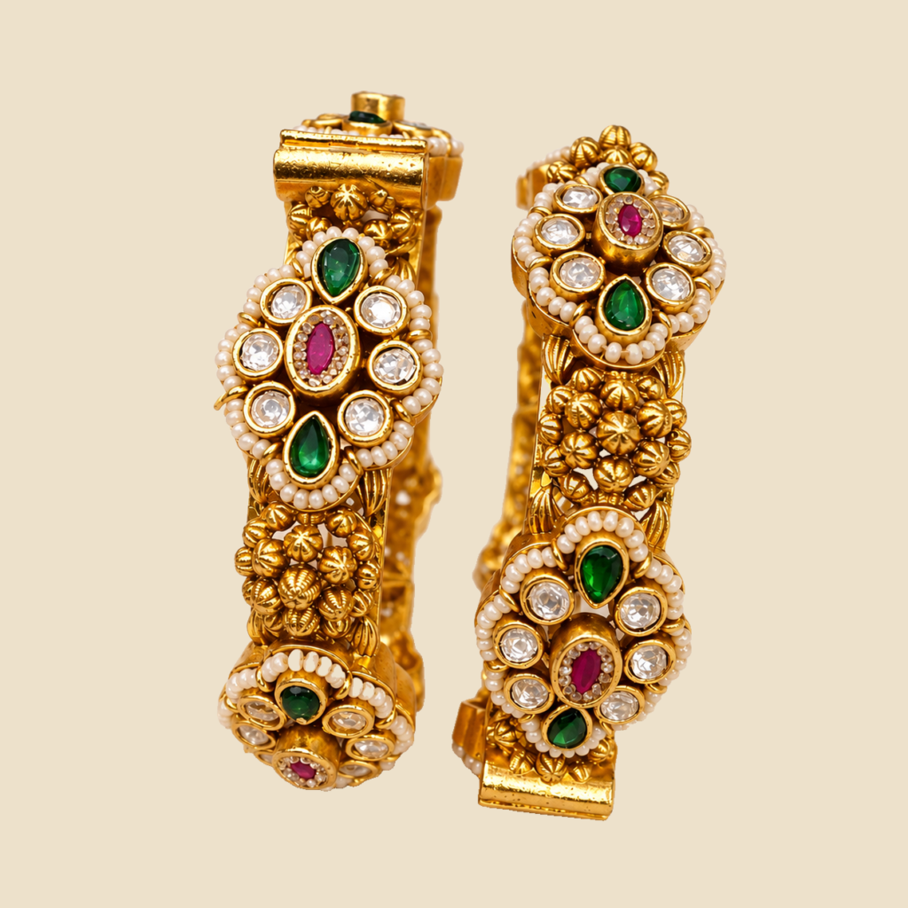 Traditional Gold-Plated Kundan Bangles with Ruby and Emerald Stones