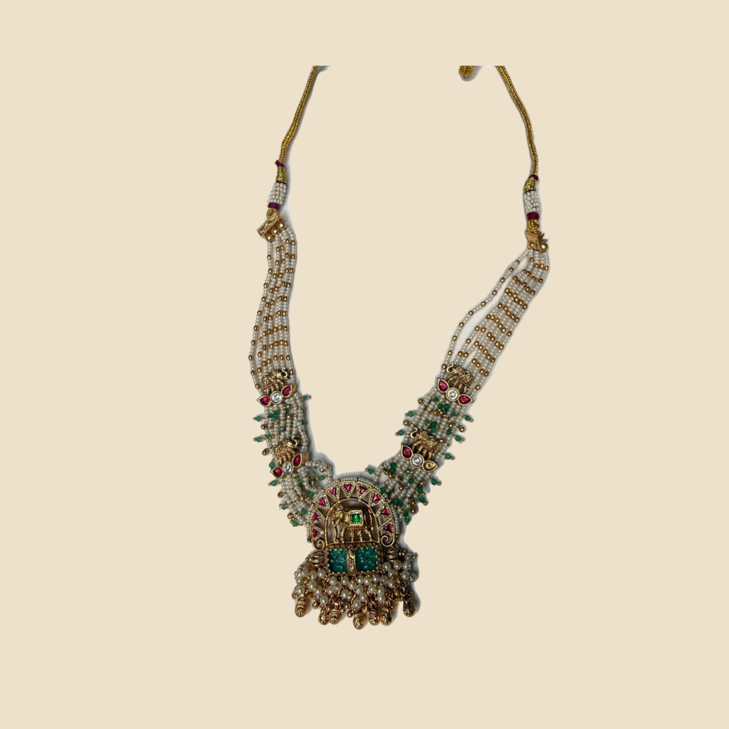 Traditional Gold-Tone Pearl & Stone Kundan Necklace Set with Jhumka Earrings