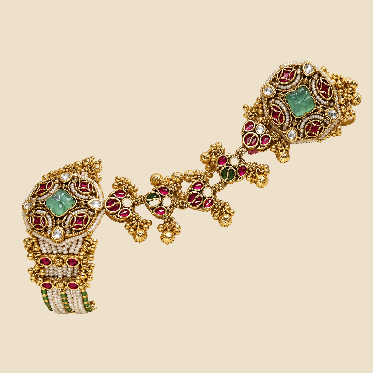 Antique Gold Plated Hand Harness with Green Stone - Traditional Bridal Hathphool Jewelry