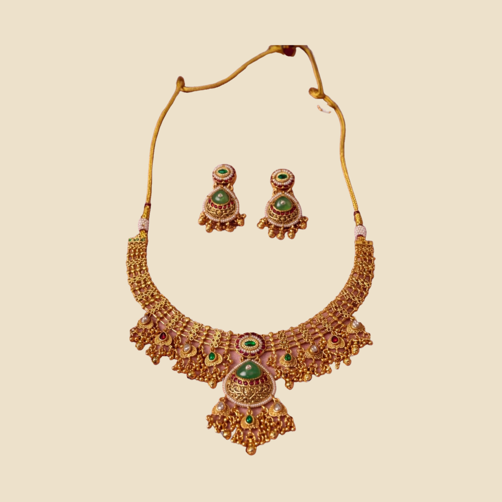 Traditional Gold-Toned Green Stone Necklace Set with Earrings
