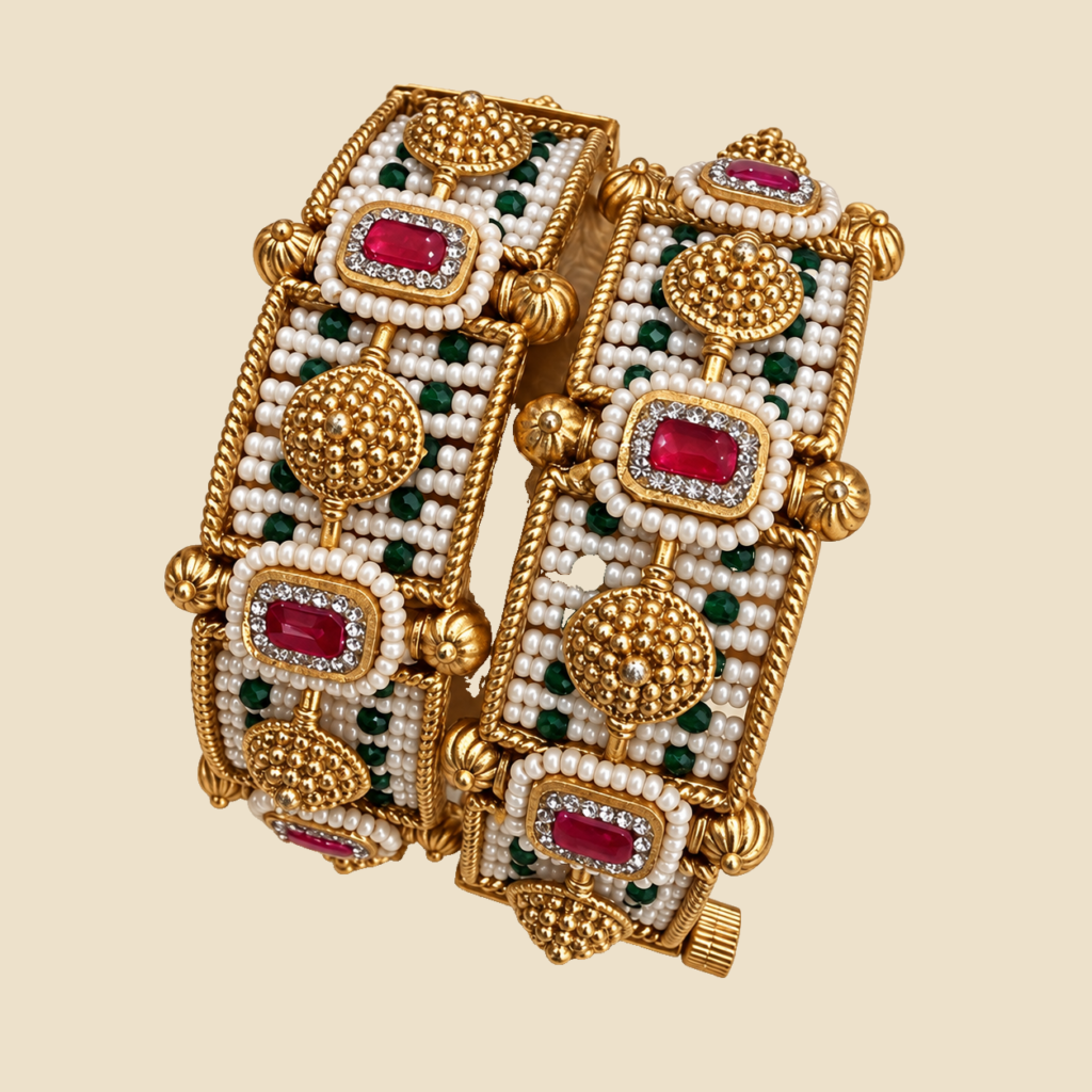 Traditional Gold-Plated Kundan and Pearl Bangles (Set of 2)