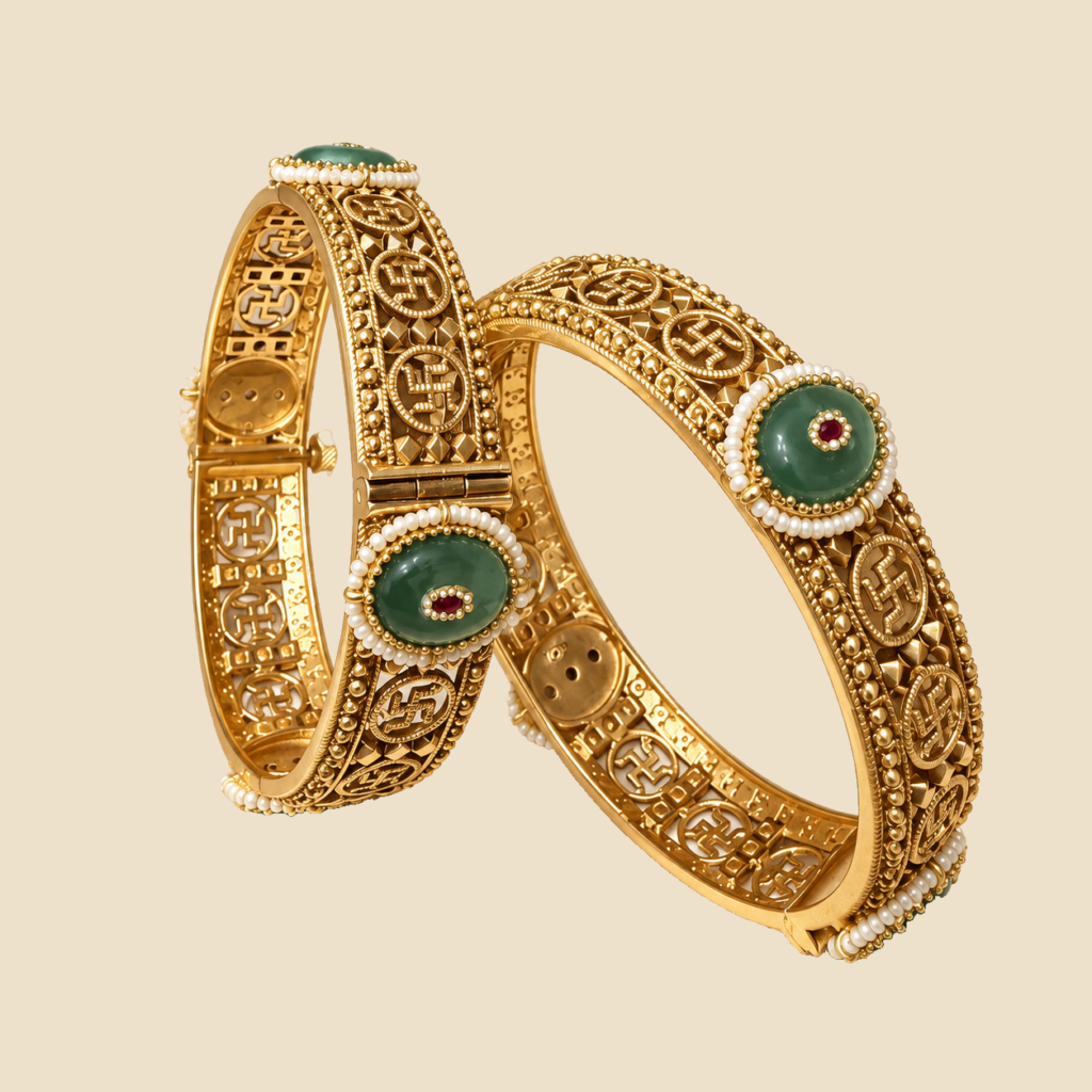 Traditional Gold-Plated Bangles with Green Stone Accents (Set of 2)
