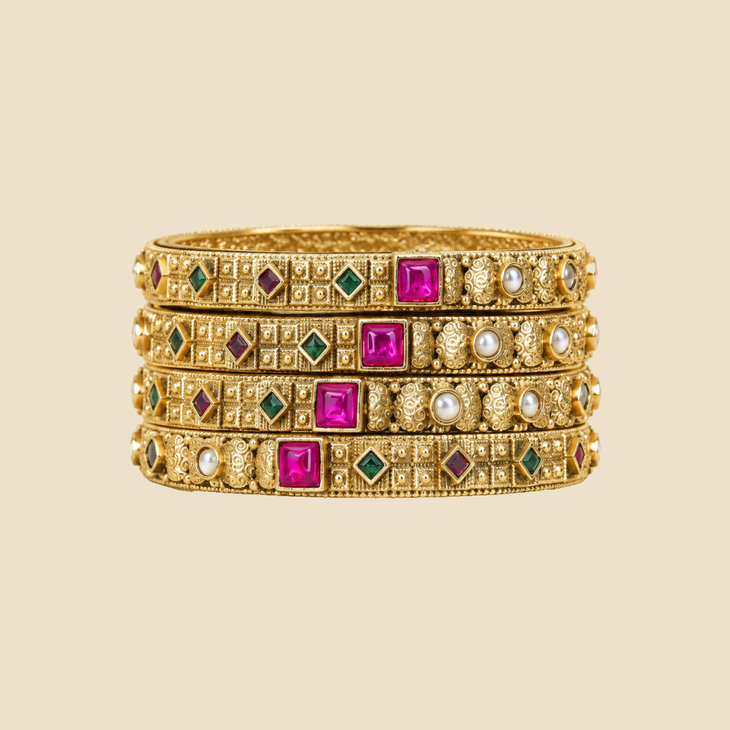 Traditional Gold-Plated Bangles Set with Pink Stone Embellishments
